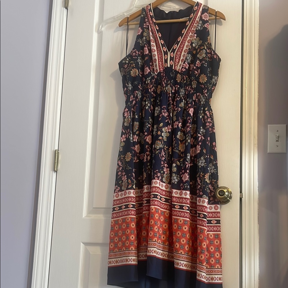 Black and Blue Sleeveless Halter Midi Sundress
